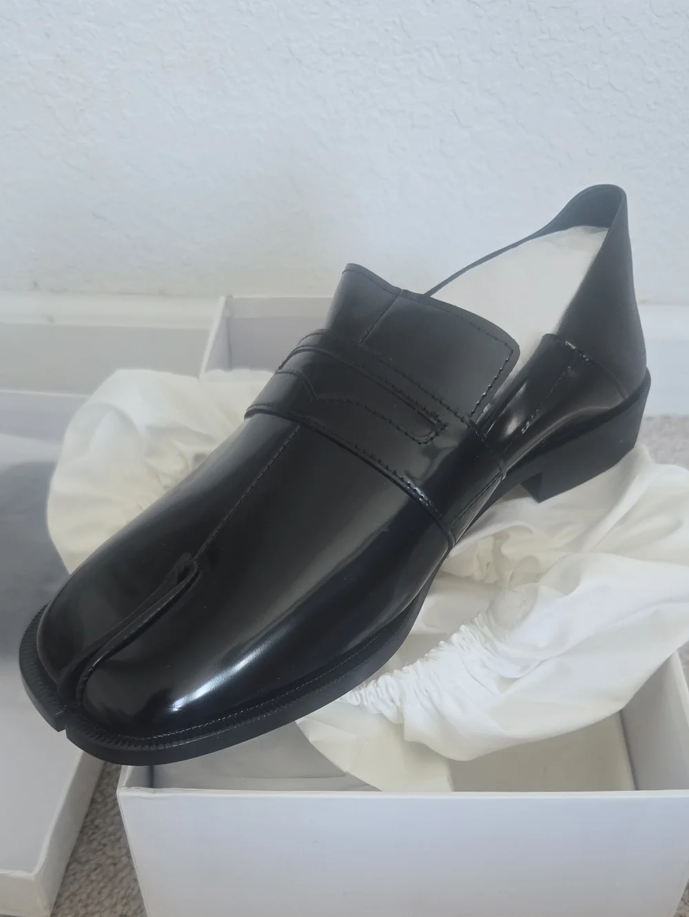 Black Fold-Heel Split-Toe Cowhide Leather Penny Tabi Loafers Size 43 Unisex